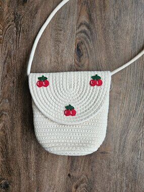 Cherry embroidered cream white knit crossbody purse summer cotton